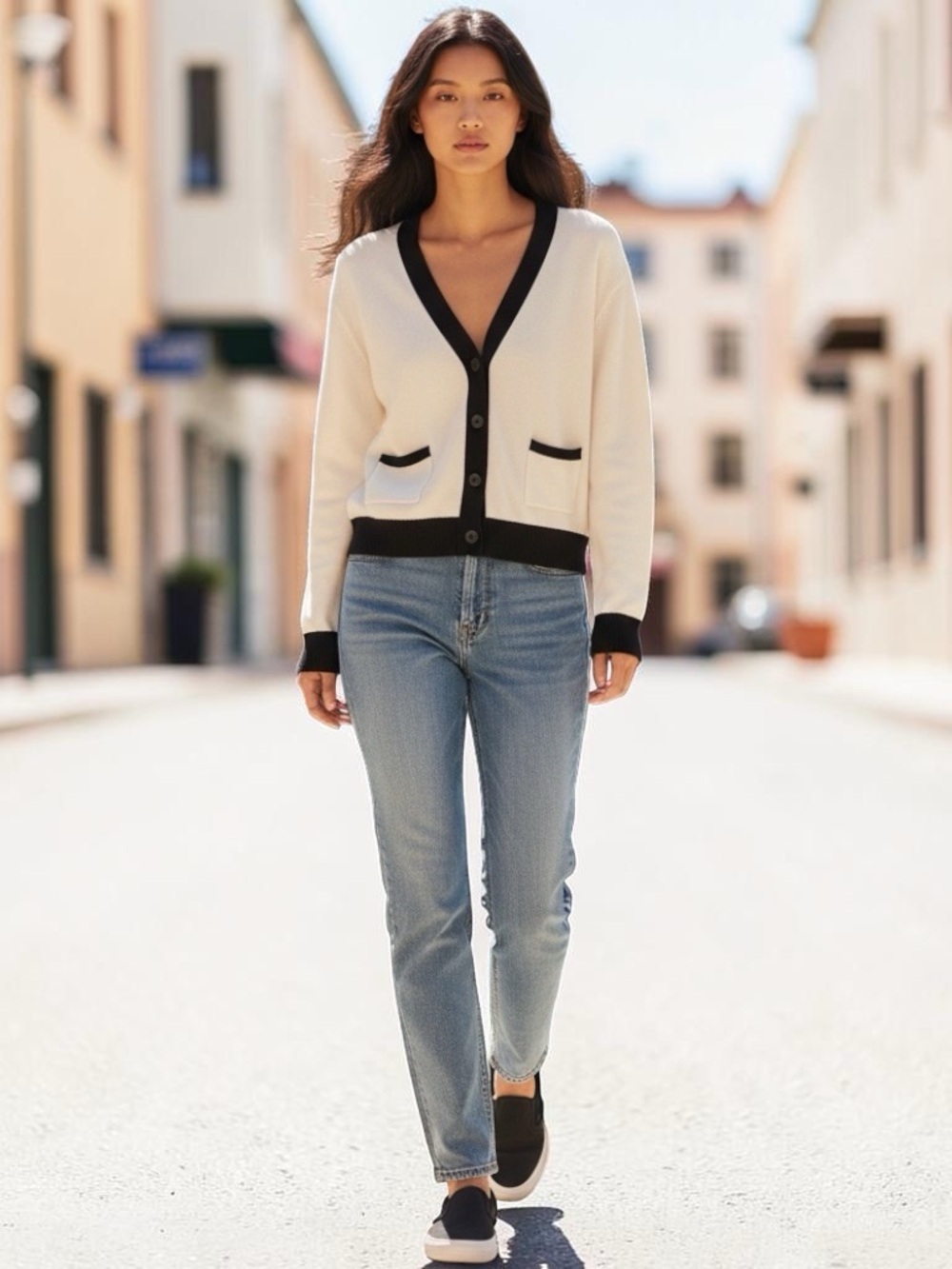Deluc Ecru Cardigan Sweater with Black Trim LG